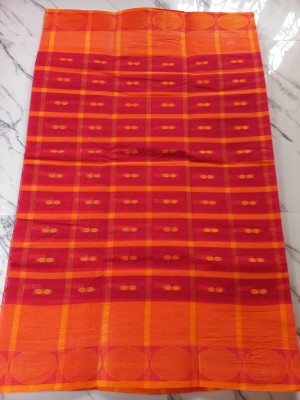 J KunduHouse Self Design Tant Pure Cotton Saree(Red, Orange)