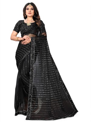 Dream Crushers Embellished Bollywood Net, Jacquard Saree(Black)