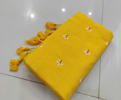 Bholanath textile Embroidered Handloom Cotton Blend Saree(Yellow)