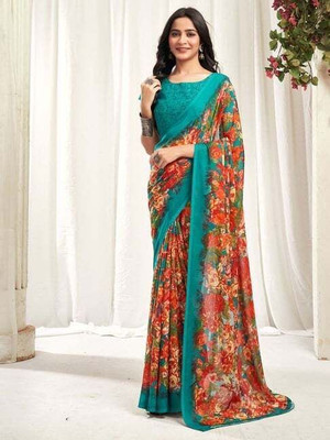 Falessa Floral Print Daily Wear Georgette Saree(Light Green, Orange)