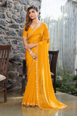 M.S.RETAIL Embellished Bollywood Satin Saree(Yellow)