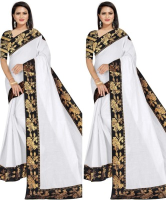 Kalakunj Creation Printed, Solid/Plain Bollywood Cotton Blend, Chanderi Saree(Pack of 2, White)