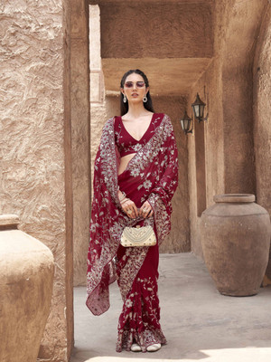 Tikhi Imli Embroidered Saree with Attached Blouse Georgette Saree(Red)