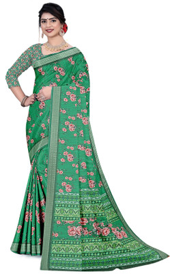 MAHALAXMI NAMAH Floral Print Saree with Attached Blouse Cotton Linen Saree(Green)
