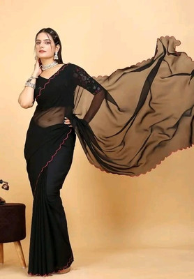 PIYA DESIGNER Solid/Plain Madhubani Georgette Saree(Black)