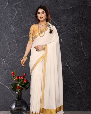 Saran Printed Kasavu Pure Cotton Saree(Multicolor)