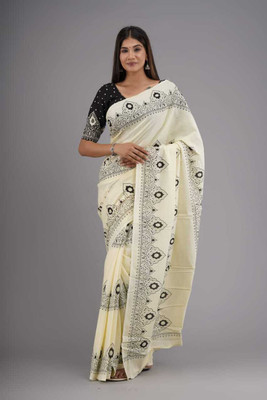 Clothonus Printed Ikkat Pure Cotton Saree(Cream)