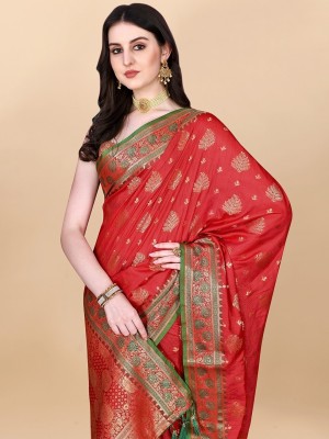 KAZIA Woven, Geometric Print, Printed Banarasi Silk Blend Saree(Red)