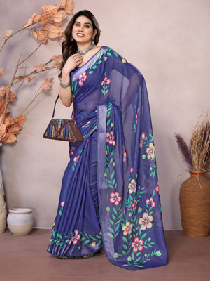 HITESH ENTERPRISE Floral Print Handloom Linen Saree(Blue)