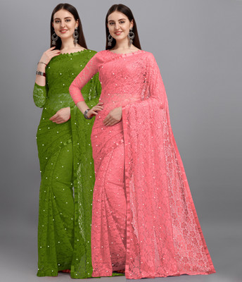 LOROFY Self Design Bollywood Net, Brasso Saree(Pack of 2, Multicolor)