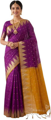 tecido trendze Woven, Self Design Banarasi Brocade Saree(Purple, Mustard)