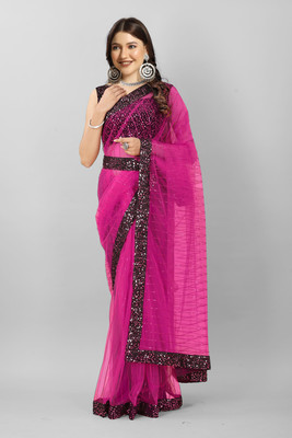 TIRTH CREATION Embroidered Bollywood Net Saree(Magenta)