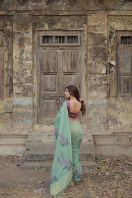 PeachPetals Printed, Floral Print Banarasi Cotton Blend Saree(Light Green)