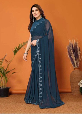 DURGACREATION Solid/Plain Bollywood Georgette Saree(Dark Blue)