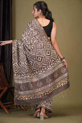 Anuttara Hand Painted Saree with Attached Blouse Cotton Silk Saree(Brown)