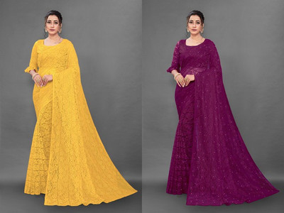 Fashion Field Self Design Bollywood Net Saree(Pack of 2, Purple, Yellow)