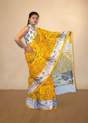 PriorityPoint Printed Daily Wear Pure Cotton Saree(Yellow, White)