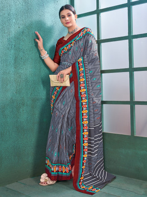 Divastri Printed Ikkat Pure Cotton Saree(Grey)