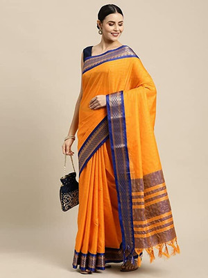 RUHKRUSH Checkered, Embellished, Self Design, Woven Assam Silk Cotton Silk, Cotton Blend Saree(Yellow, Blue)