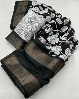 Ambaji enterprise Printed Bollywood Cotton Silk Saree(Black, White)