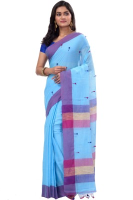 PuJoy Woven Handloom Pure Cotton Saree(Light Blue)