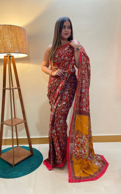 JASU CREATION Printed Bollywood Pure Cotton Saree(Red)