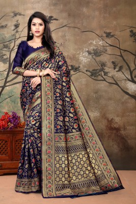 Vastram Enterprise Floral Print Banarasi Silk Blend Saree(Blue)