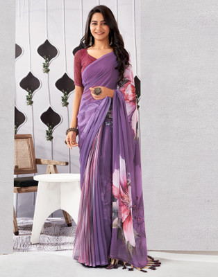 Satrani Floral Print, Embellished Daily Wear Georgette Saree(Purple)