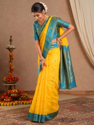 Sareemall Woven Maheshwari Cotton Blend Saree(Yellow)