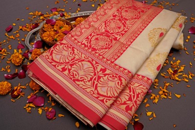 KAKADIYA Woven Kanjivaram Pure Silk Saree(Cream)