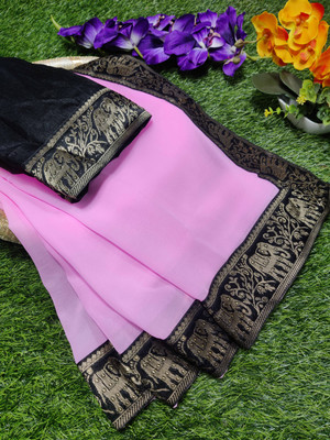 suketa Solid/Plain Daily Wear Georgette, Chiffon Saree(Pink, Black)