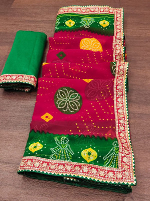 ASTEYAM Printed Bandhani Georgette Saree(Red)