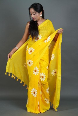 BN Fashion Floral Print Handloom Cotton Blend Saree(Yellow)