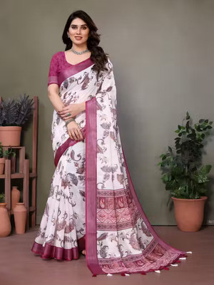 KAKADIYA Printed Bollywood Cotton Silk, Linen Saree(Pink, White)
