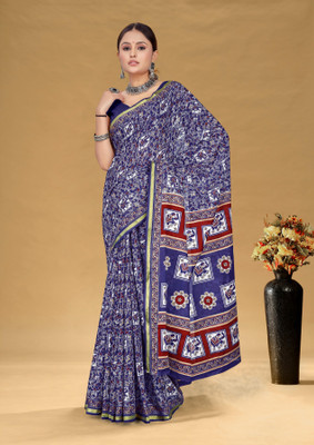 Divastri Blocked Printed, Printed Chanderi Cotton Blend Saree(Dark Blue)