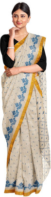 dreamy textiles hub Printed Tant Handloom Pure Cotton Saree(Cream)