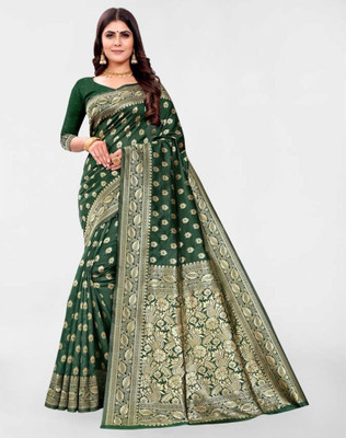 Samah Woven, Embellished Banarasi Silk Blend Saree(Dark Green, Gold)