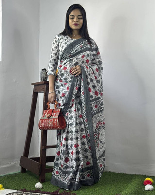romakrishto Printed Hand Batik Pure Cotton Saree(Grey)