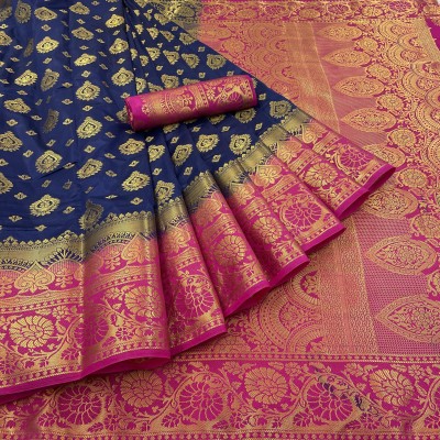 Sethnic Woven Kanjivaram Jacquard, Silk Blend Saree(Dark Blue, Pink)