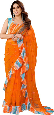 Queenswear Creation Printed Daily Wear Net Saree(Orange)