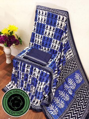 JASU CREATION Printed Ikkat Pure Cotton Saree(Blue)
