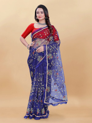 YASHVI Embroidered Bollywood Net Saree(Blue)
