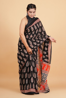 Krishna Creation Printed Handloom Pure Cotton Saree(Black)