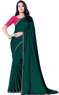 radhe creation Solid/Plain Bollywood Silk Blend Saree(Dark Green)