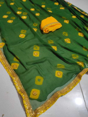Neelkanth Ent Printed, Self Design, Graphic Print, Striped, Checkered Handloom Chiffon Saree(Green)