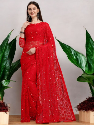 NORAFLEX Embellished Bollywood Net Saree(Red)