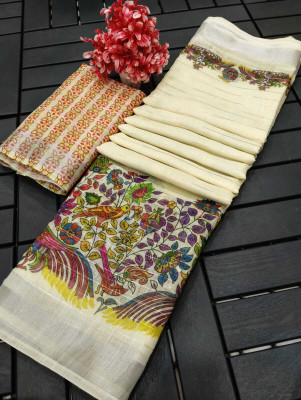 Saaransh Floral Print Kanjivaram Linen, Cotton Silk Saree(Cream)