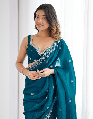 Satrani Embroidered, Embellished Bollywood Tissue, Jimmy choo Saree(Blue)