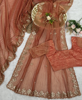 RUCHKET Embellished Bollywood Net Saree(Orange)