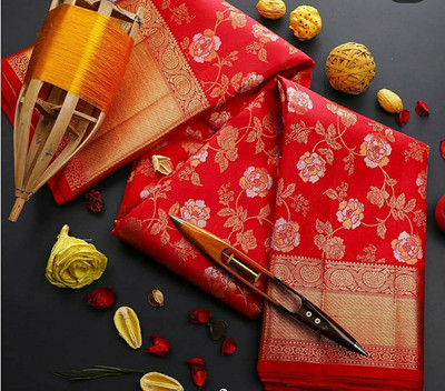 Anjaneya Sarees Self Design Banarasi Silk Blend Saree(Red)